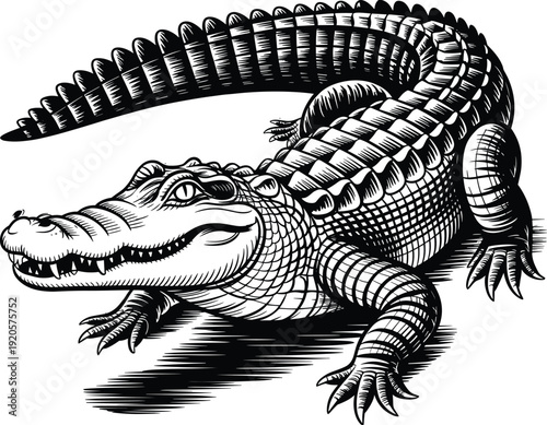 Detailed black and white woodcut style of a crocodile with textured scales and sharp teeth alligator