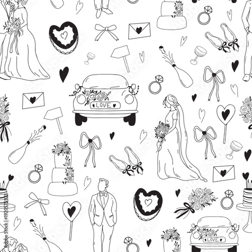 Hand drawn vector seamless wedding pattern featuring brides, grooms, wedding cakes, hearts, flowers, and wedding-related items in black and white.
