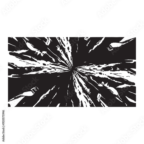 A black and white abstract art piece with dynamic lines and shapes