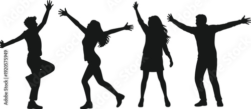 Four diverse silhouettes of people in joyful poses with arms outstretched in expressions of happiness and freedom against a white backdrop