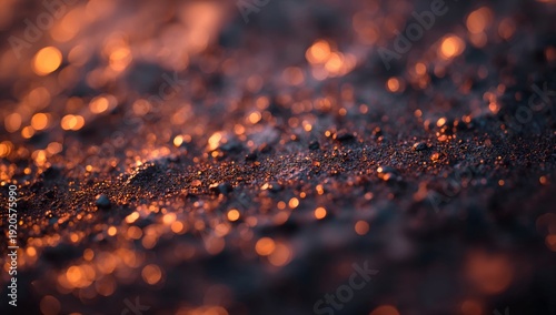 Close View of Glowing Particles on Dark Surface at Sunset Moment