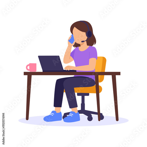 Multitasking, managing multiple customer interactions simultaneously, Flat vector character illustration