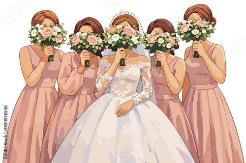 modern cartoon art of a wedding party with a bride and four bridesmaids in pink dresses