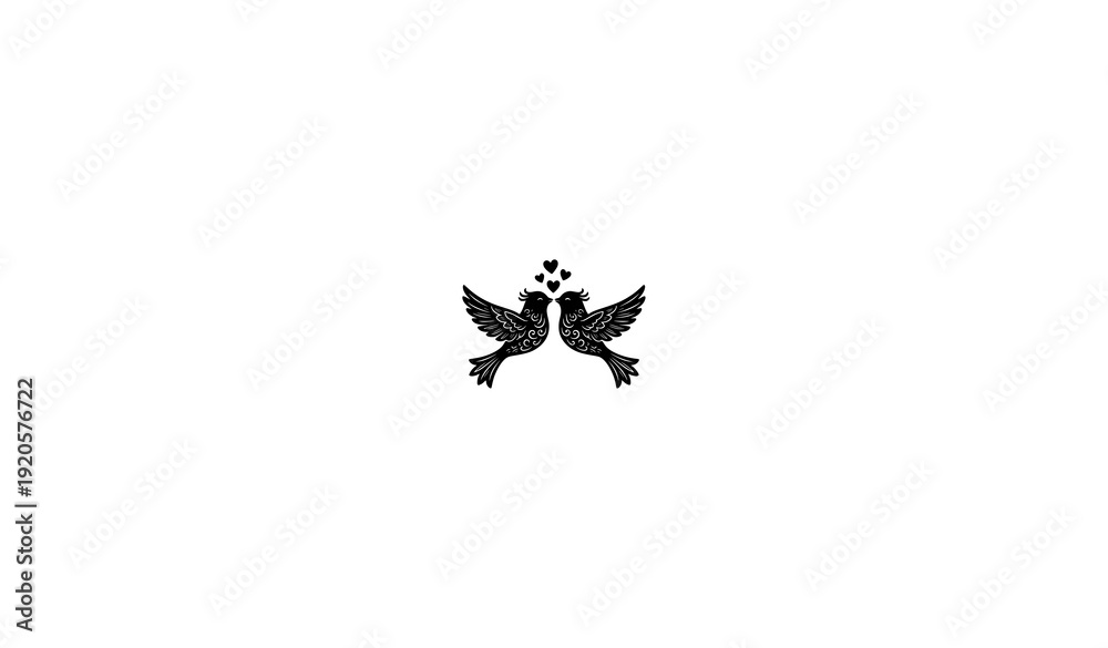 Obraz premium Decorative Two Birds Kissing with Hearts Black Silhouette