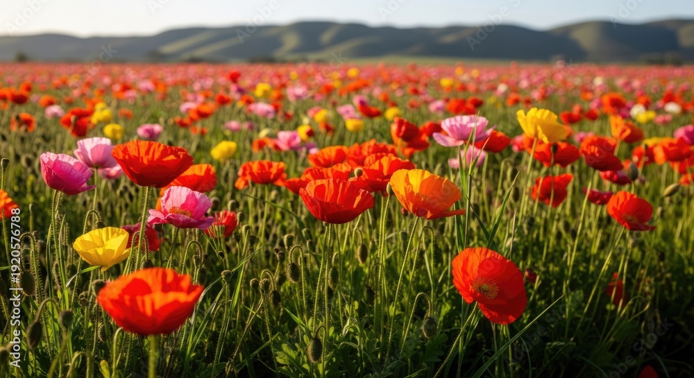 Fototapeta premium Vibrant Poppy Field Blooming in Golden Hour Light with Distant Hills