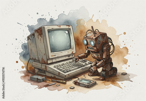 Rusty robot using vintage computer watercolor illustration