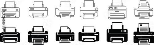 Printer Icon Set Print Device Office Paper Document Technology Equipment Illustration Vector Design.