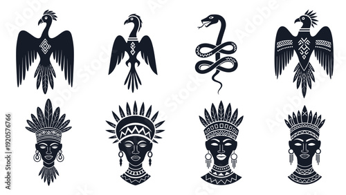 Collection of tribal and ethnic art symbols featuring birds, a snake, and human heads wearing feathered headdresses in a black silhouette.