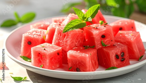 Vibrant close-up of cubed watermelon on a white plate, with mint garnish