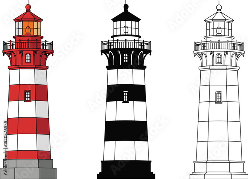Traditional lighthouse vector set featuring red and white striped design black silhouette and detailed line art for nautical branding maritime safety and coastal travel illustrations