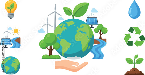 Bright eco-friendly energy concepts with solar panel, wind turbine, globe, and lightbulb flat design vector illustration