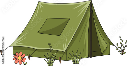 Classic green A-frame camping tent vector illustration in a natural outdoor setting with grass and flowers for summer camp branding travel adventure guides and outdoor recreation designs