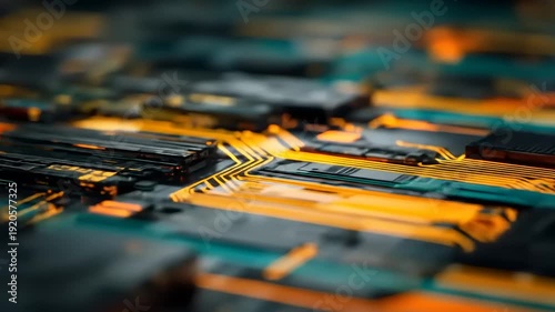 Close-up view of a circuit board with intricate details and vibrant colors.