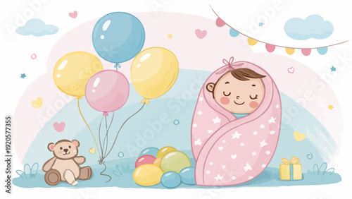 Cute newborn baby girl in pink swaddle greeting template with pastel balloons and teddy bear