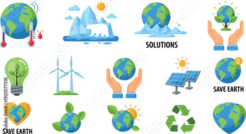 Save Earth Eco Awareness Vector Illustration with Wind Turbines, Light Bulb, and Global Warming Symbols - Flat Design