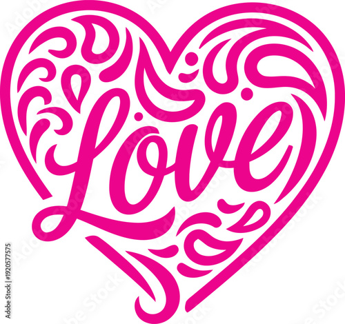 A pink heart with the word 'love' in white cursive font Pink heart with love text