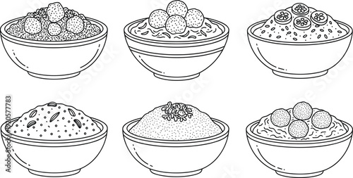 Hand drawn bowl of rice vector set featuring various grain dishes topped with meatballs and garnishes for restaurant menu design cookbook illustrations and culinary branding
