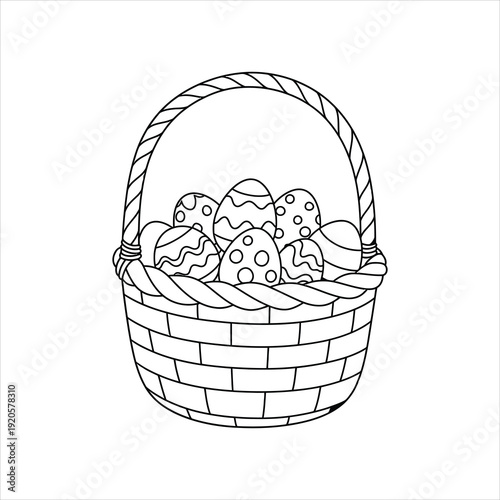 A woven basket overflowing with decorated Easter eggs, simple line art drawing on a white background.