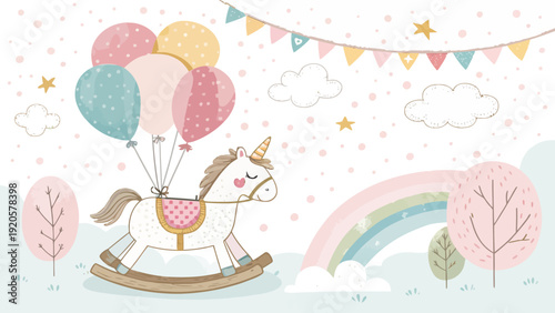 Whimsical baby girl celebration card template with rocking unicorn balloons rainbow and festive decorations