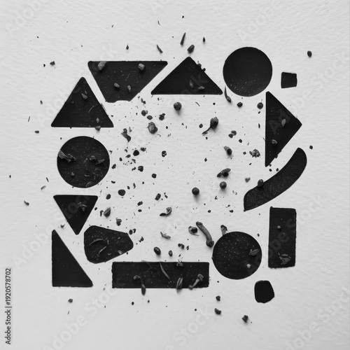 A contemporary abstract painting featuring black and white geometric lines and shapes with subtle textures.