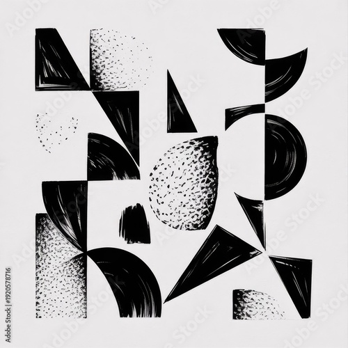 A contemporary abstract painting featuring black and white geometric lines and shapes with subtle textures.