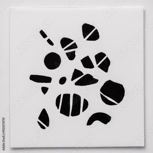 A contemporary abstract painting featuring black and white geometric lines and shapes with subtle textures.