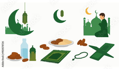 Ramadan Islamic elements flat vector illustration set