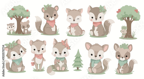 Cute cartoon forest animals and trees watercolor illustration.