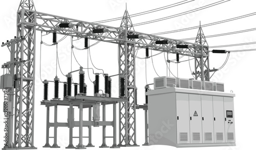 High voltage electrical substation with switchgear, transformers, and transmission lines, industrial power distribution infrastructure, energy grid equipment isolated on white background