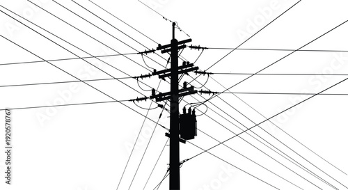 Silhouette of utility pole with transformer and tangled overhead power lines, electrical distribution infrastructure concept isolated on white background