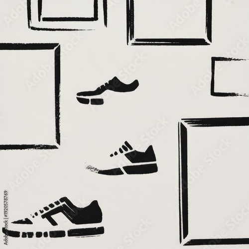 A contemporary abstract painting featuring black and white geometric lines and shapes with subtle textures.