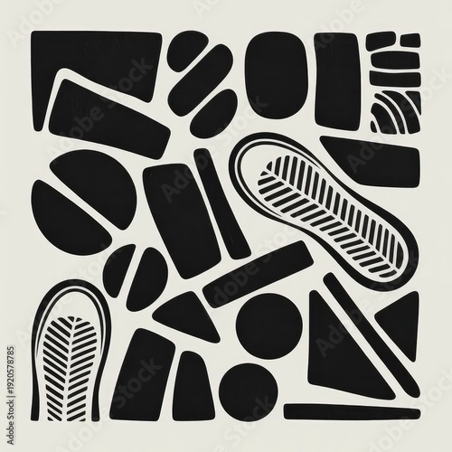 A contemporary abstract painting featuring black and white geometric lines and shapes with subtle textures.