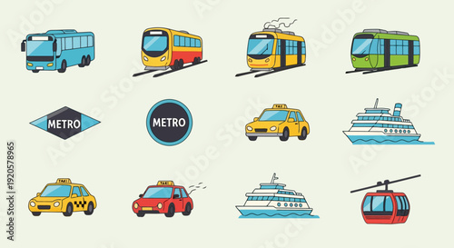 Collection of various public transportation vehicles and symbols.