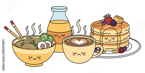 Kawaii ramen noodles pancakes coffee bottle with cute sleeping faces and steam