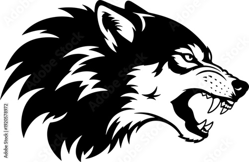 Black and White Wolf Head Illustration.