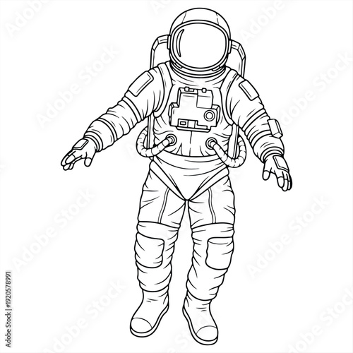 An astronaut in a spacesuit stands with arms outstretched in a black and white illustration
