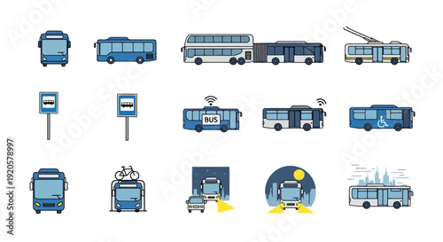 Collection of various public transportation buses and trams.