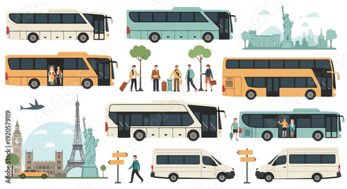 Collection of various buses and people traveling.