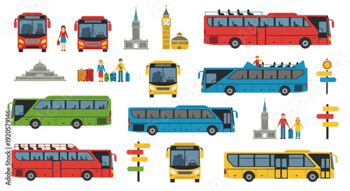 Collection of various buses and London landmarks illustration.