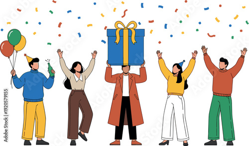 Set of happy people characters celebrating with gift box balloons and confetti throwing hands up in joy flat vector illustration isolated on white