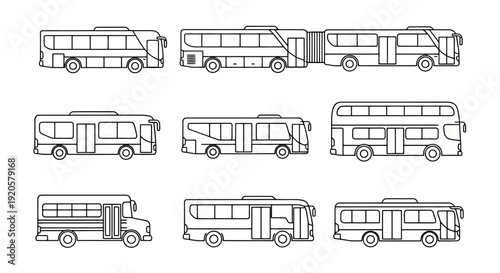 Collection of various bus types in line art style.