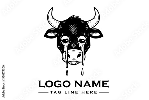 Black and white illustration of a crying bull's head with horns and tears, against a clean white background, with a placeholder text for logo name and tagline.
