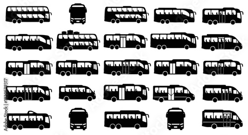 Collection of Various Bus Silhouettes for Transportation Concepts.