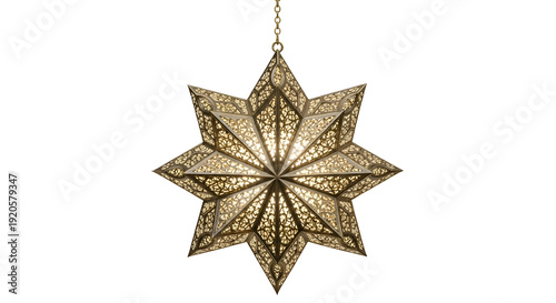 Golden Ramadan Promo Badge Icon hanging from a chain, viewed from directly above, showcasing intricate star design