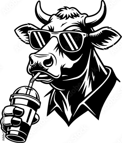 Cow Wearing Sunglasses Drinking Milkshake.
