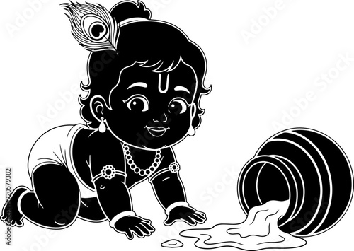 Crawling Baby Krishna Spilling Milk Cartoon.