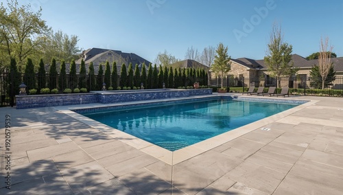Relaxation by the Pool in a Backyard With Trees and Houses on a Sunny Day