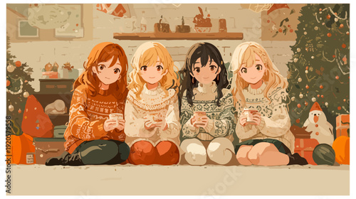 Four anime girls celebrating christmas holiday with hot drinks