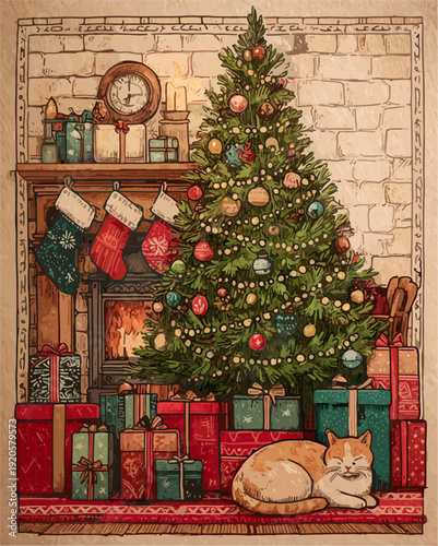 Festive living room decorating christmas tree and fireplace