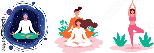 Set of women characters practicing yoga and meditation in different poses including lotus position and tree pose flat vector illustration